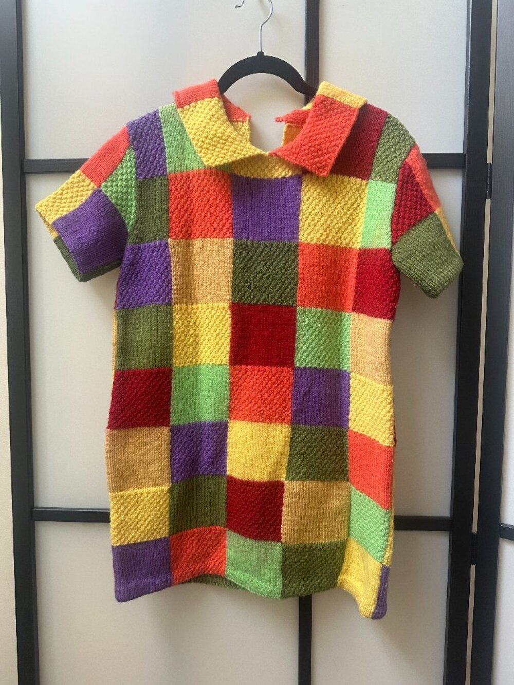 Vintage Collared Handmade Knit Rainbow Checkered Patchwork Tunic Sweater S